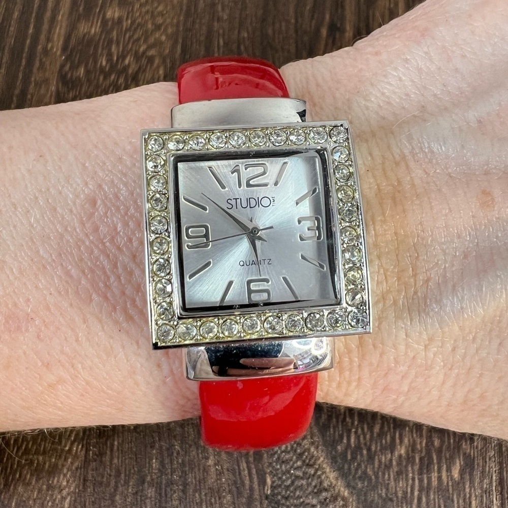 Studio Red Faux Leather & Silver Tone w/Rhinestones Cuff Watch W3